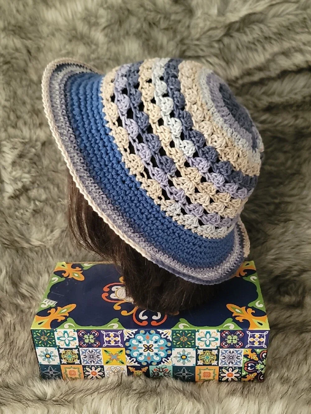 Handmade Crochet Bucket Hat in Blue and Cream - Women Accessories